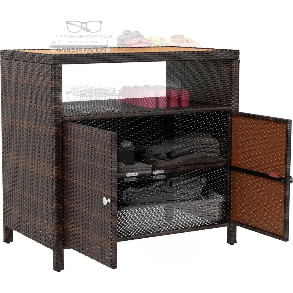Gabinete de almacenamiento exterior de ratán marrón con tapa de madera de acacia, 2 puertas y estante para patio, patio trasero, uso en piscina