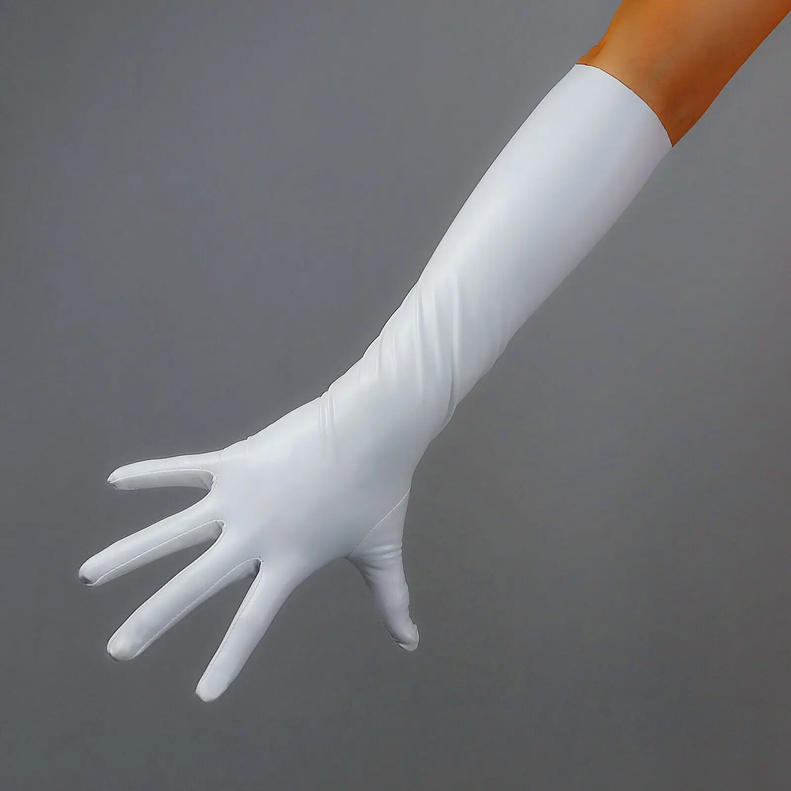 

Elbow LONG GLOVES 2nd Skin Extra Thin Faux Leather LATEX Like Rubber 16" 40cm Matt White FITTED Evening Party Dressing Stage