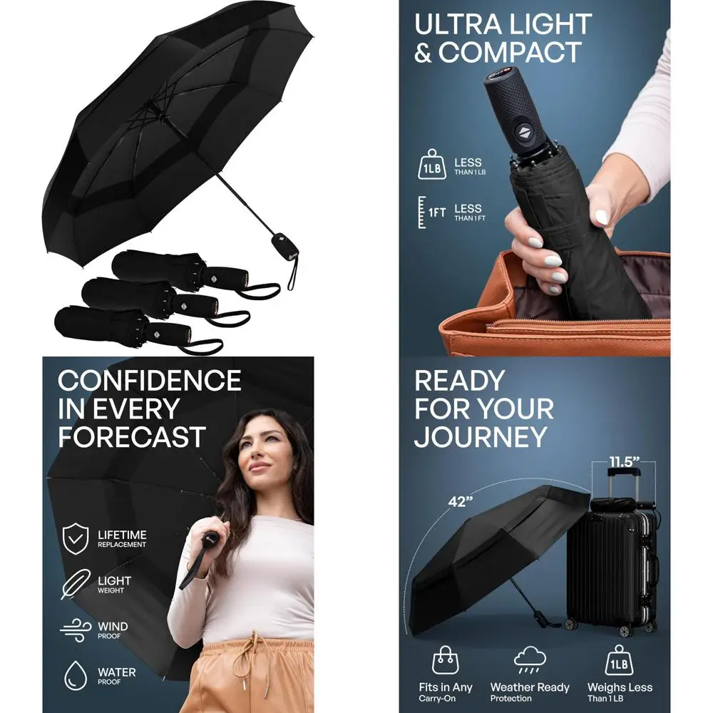 

Windproof Travel Umbrella - Compact, Withstands 85MPH Winds, Premium Auto Folding for Rain and Wind Protection