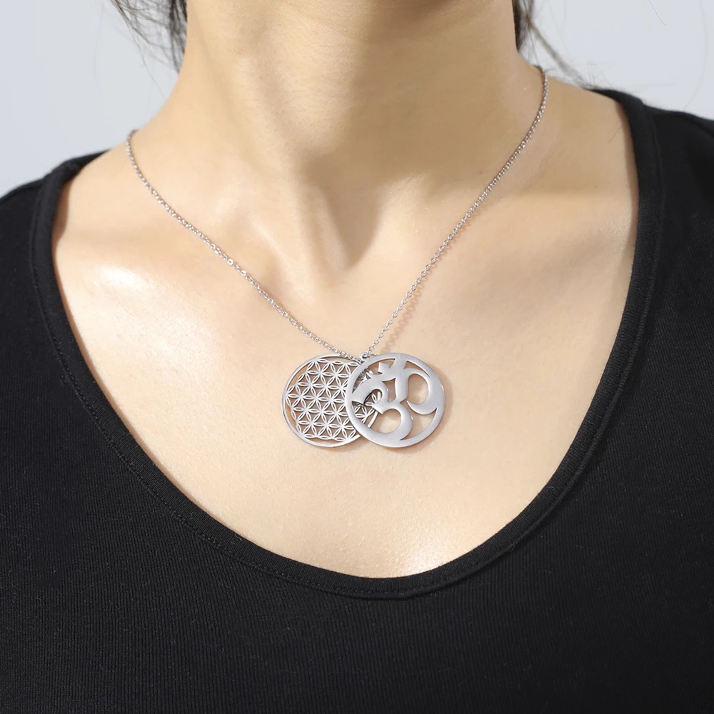 Dawapara Flower of Life Yoga Necklace OM Symbol Pendant Buddhist Spiritual Meditation Amulet Stainless Steel Jewelry