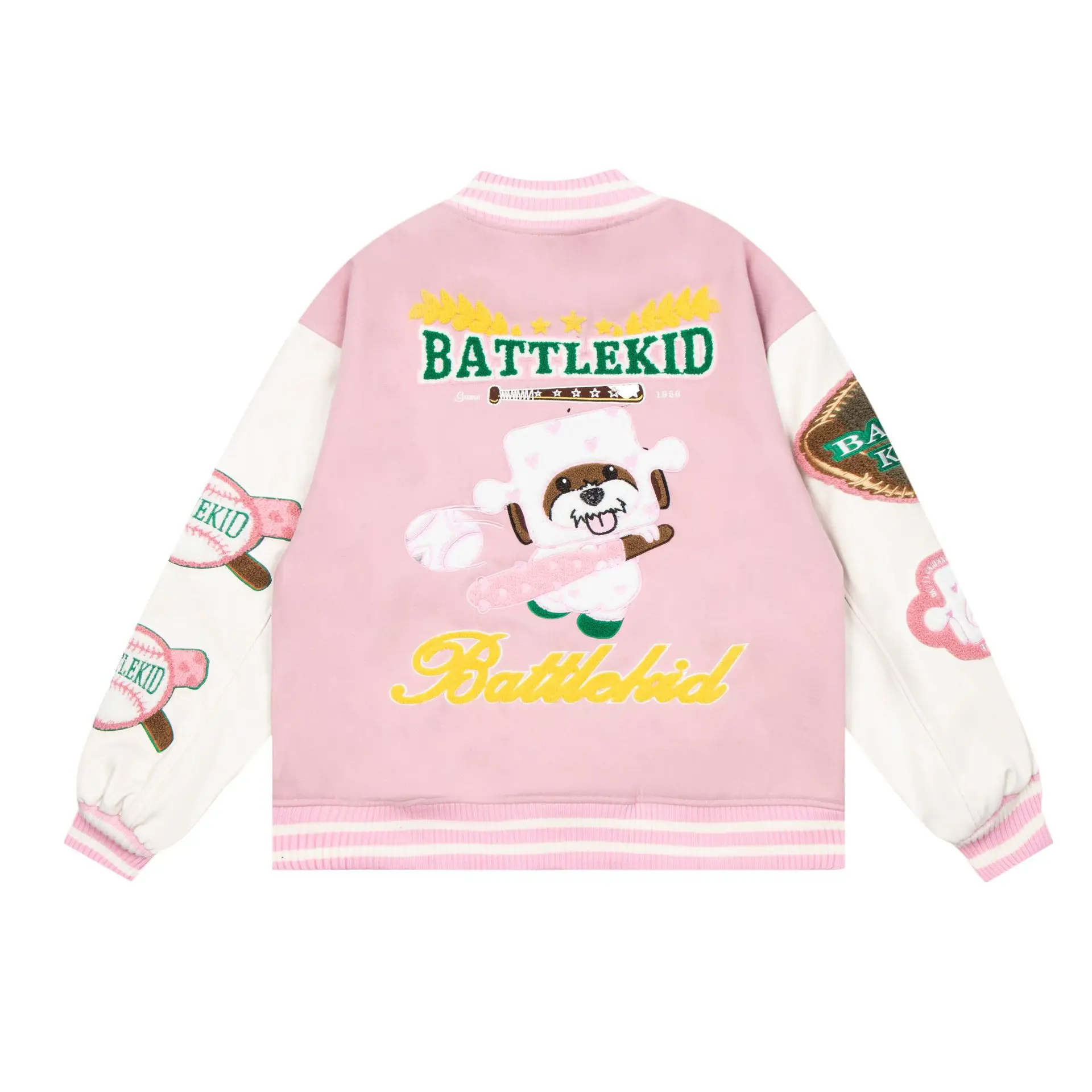 Harajuku Baseball Jacket Men Vintage Towel Embroidered Cartoon Dog Pattern College Jacket Korean Casual Oversized Coat Unisex