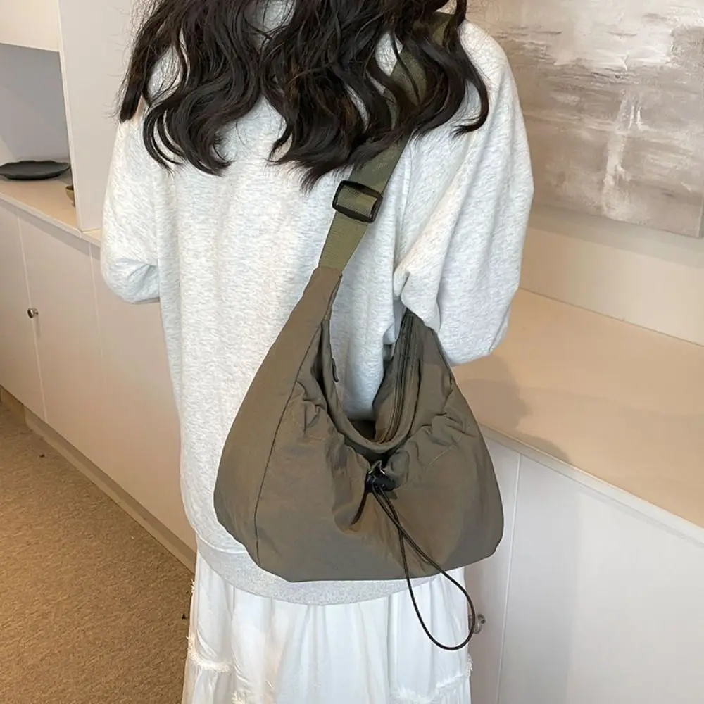 Solid Color Nylon Shoulder Bag Adjustable Shoulder Straps Korean Style Drawstring Bucket Bag Large Capacity Nylon