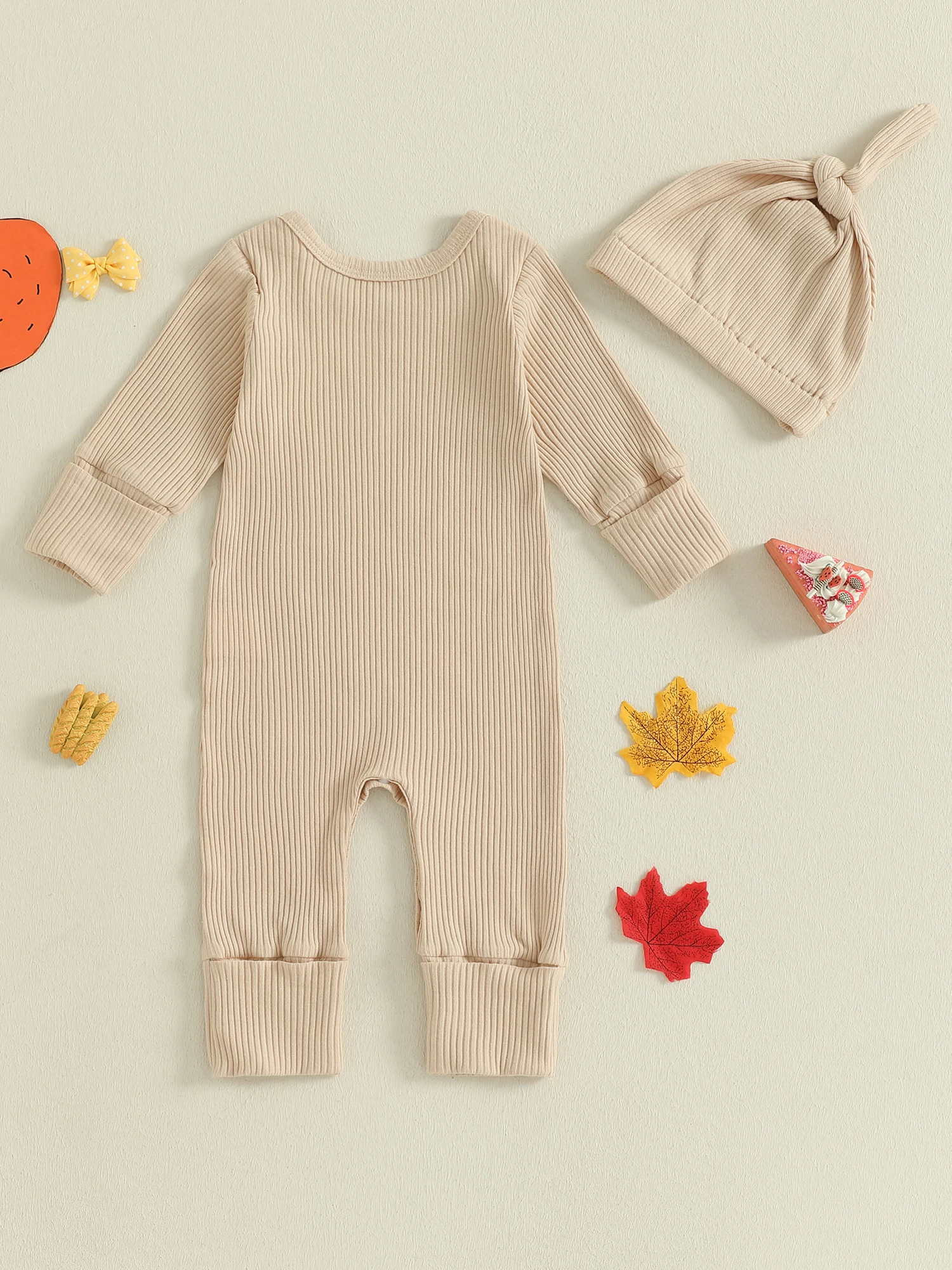 

Thanksgiving Turkey Print Baby Boy Girl Outfit with Long Sleeve Romper and Knot Hat for Fall Season 2 Piece Set