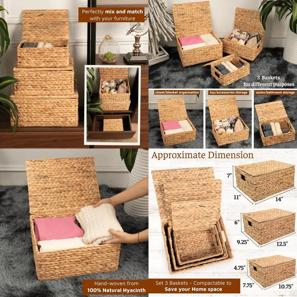 

Decorative Rattan Storage Basket with Lid, Large Rectangle Wicker Box 14x11x7 Hyacinth Style