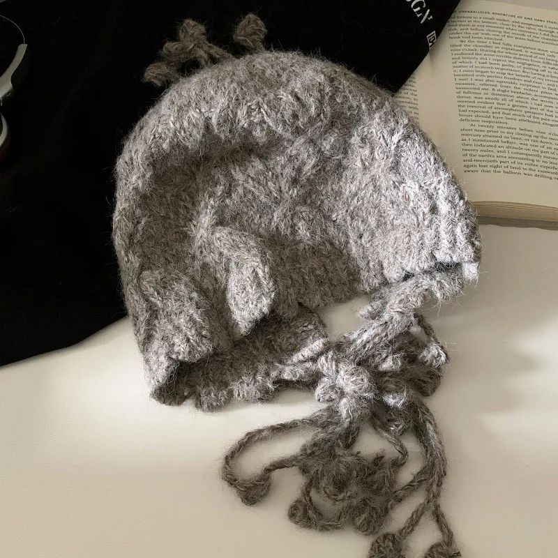 Koreanische handgefertigte gehäkelte Strickmütze mit Diamantgitter-Quasten für Damen, Winterwärme und Ohrenschutz, Bombermütze – Detail 8