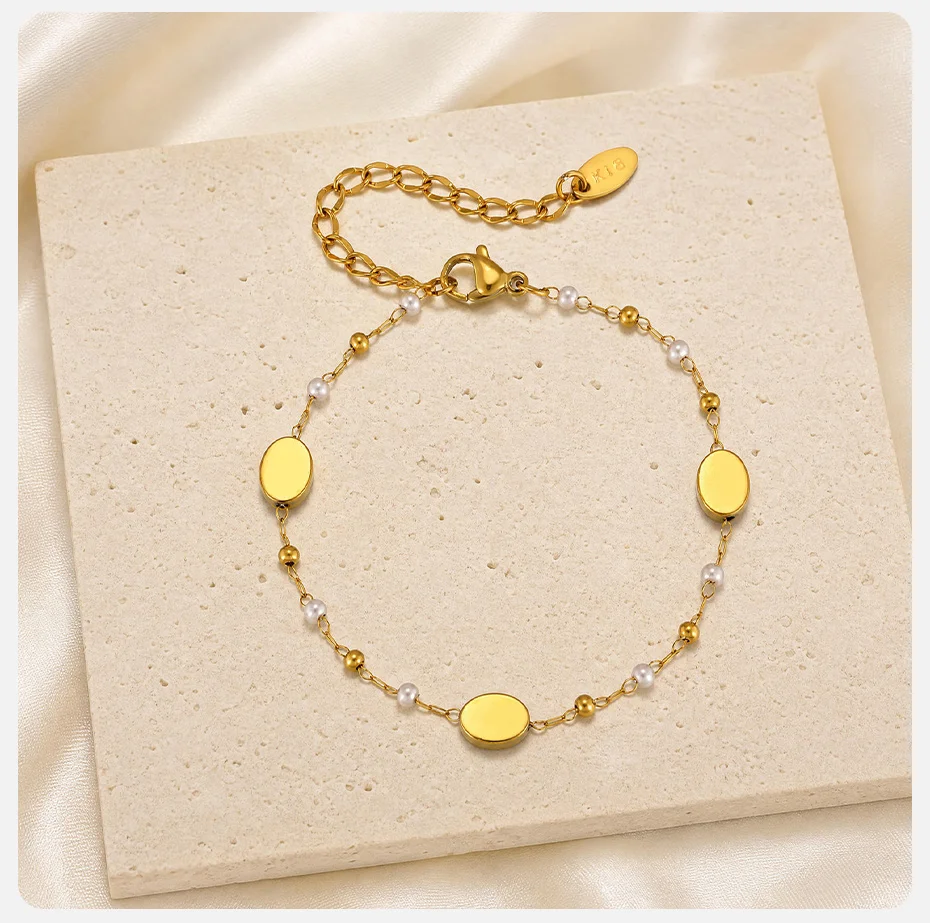 Vnox Minimalistische Stapelbare Halskette und Armbänder mit Imitationsperlen für Damen, Trendiger Edelstahl-Schmuck mit Goldplattierter Ovaler Kette – Detail 6