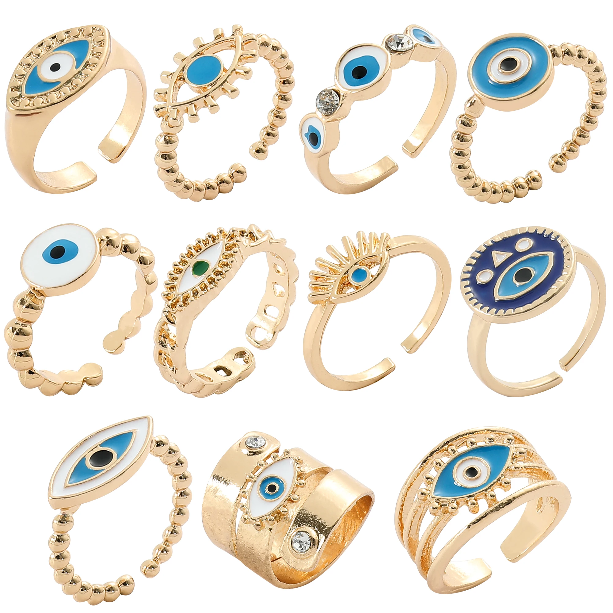 Trendy Hollowed Out Blue Enamel Evil Eye Ring Women Gold Color Plated Fashion Jewelry For Girl Party Gift