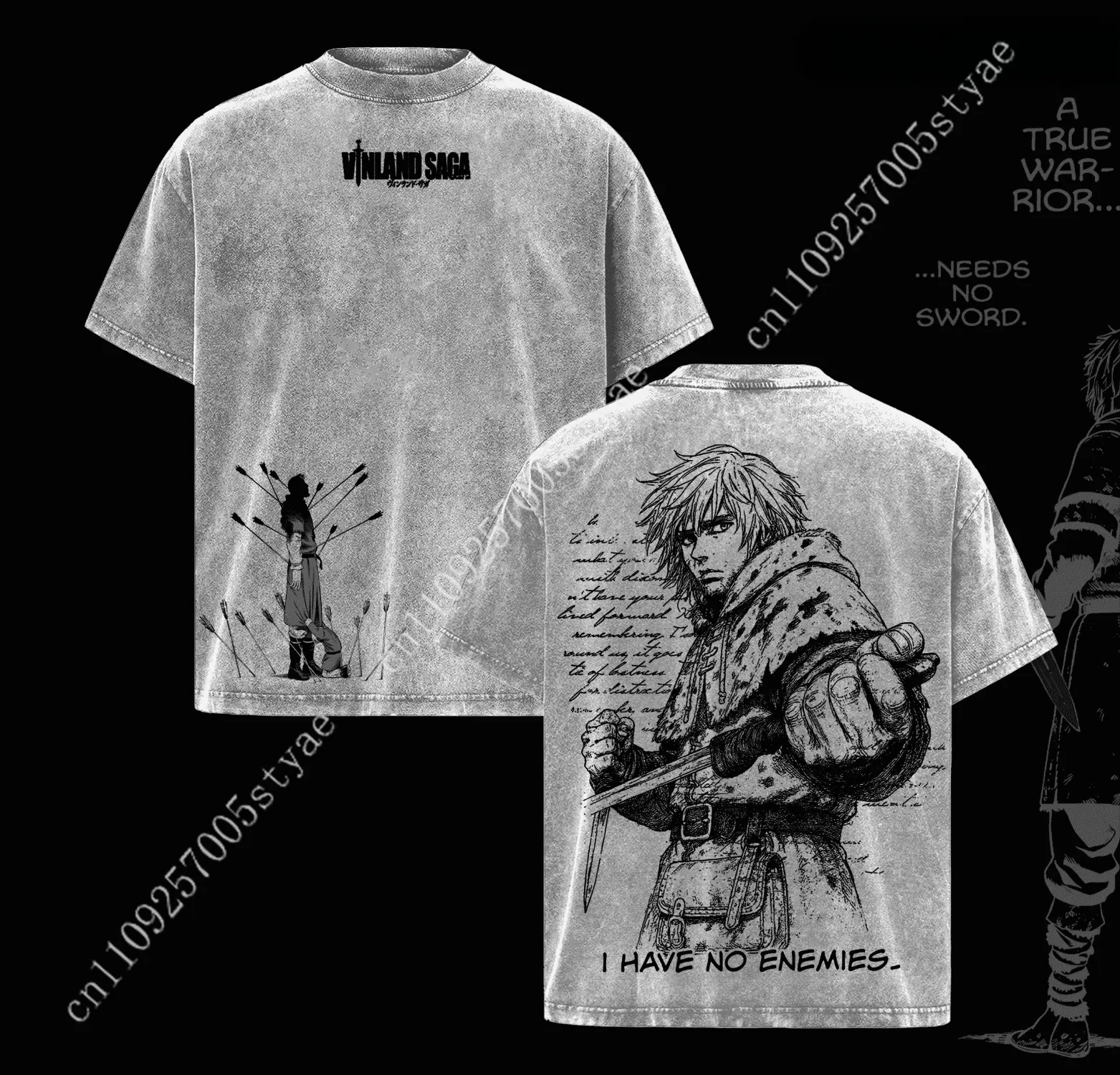 Thorfinn VINLAND SAGA T-shirt Anime Printed Washed Oversized Tshirt Short Sleeve Cotton Casual Tees Tops Men's Unisex Clothing
