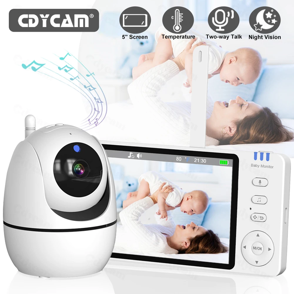 Video Baby Monitor 5'' Night Vision Security PTZ Cam 2 Way Audio Feeding Reminder Lullabies Nanny Temperature Surveillance Cam