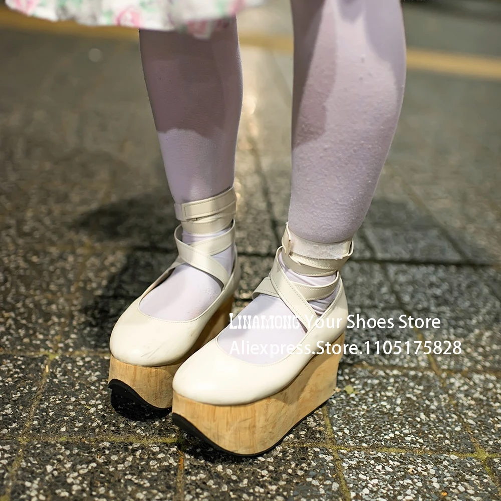 Sapatos de plataforma exclusivos de couro pu branco fita tira no tornozelo sapatos de salto estranho estilo kawaii quimono cosplay saltos personalizados multicoloridos