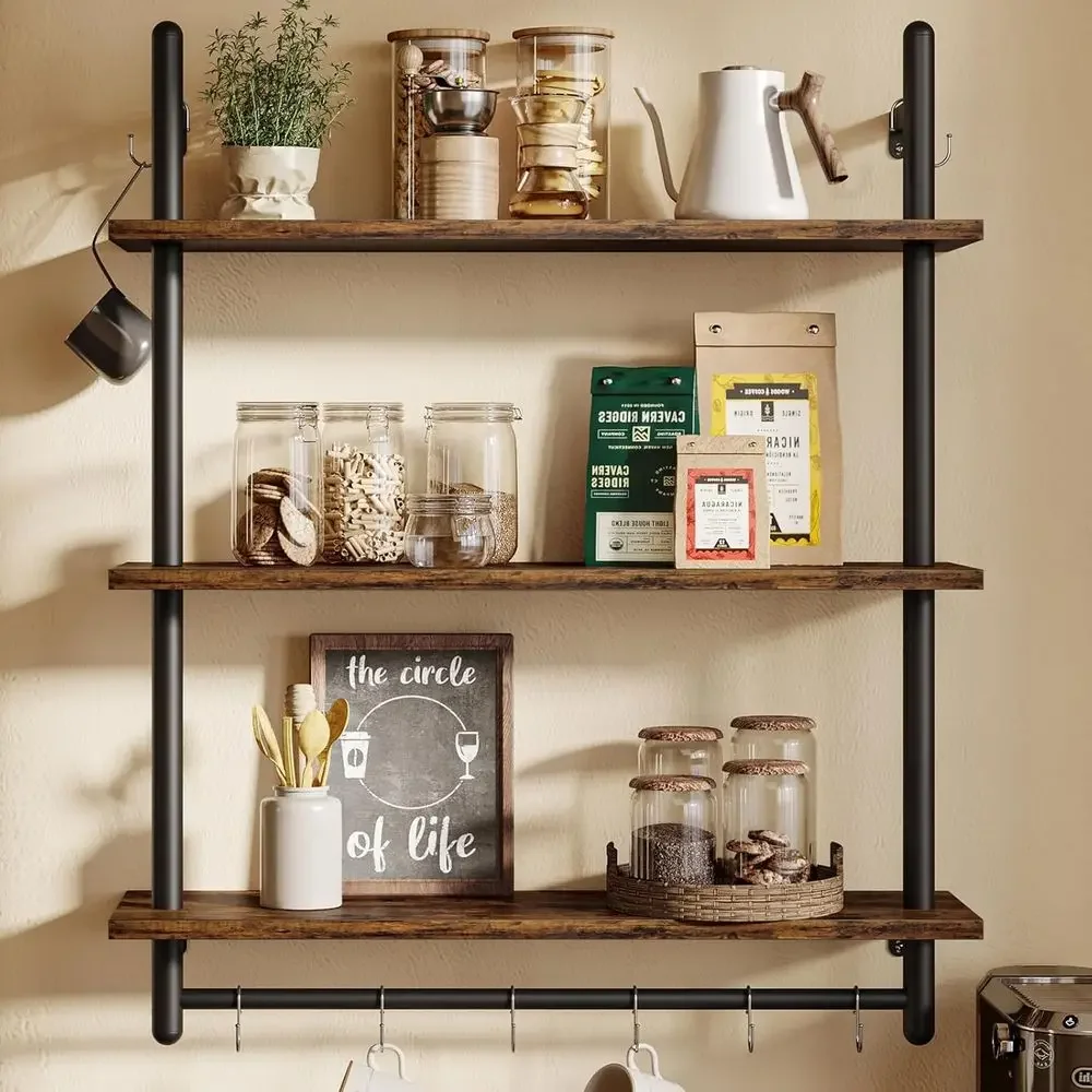 Rustic Brown 3-Tier Pipe Shelving - Floating Wall Shelves for Home, Office, and Kitchen Storage