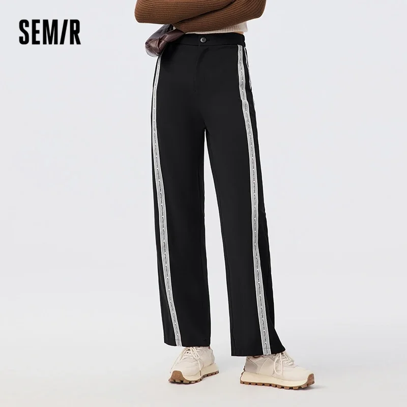 

Semir Women Pants Casual Loose Covering Meat Wide-Leg Letter Black Trousers Hsome Cool Niche Pants Women