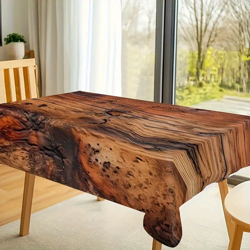 One durable polyester tablecloth with a vintage wood-grain pattern print, suitable for both indoor and outdoor use.