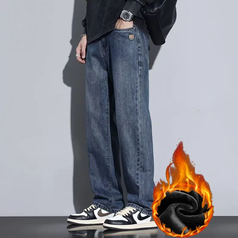 2026 High Street Vintage Thickened Warm Jeans Men Fashion American Style Straight Leg Denim Pants Male Casual Fleece Trousers