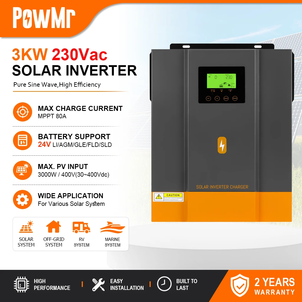 Onduleur solaire PowMr 3KW 230Vac à onde sinusoïdale pure avec MPPT intégré, compatible batteries lithium 24V, AGM et batteries au plomb, et entrée PV max 3000W 400V, avec WIFI en option, pour système de secours solaire domestique et VR, avec multiprotection