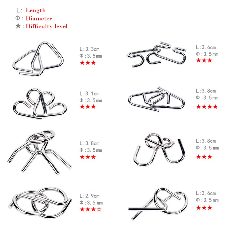 8Pcs/Set Metal Montessori Puzzle Wire IQ Mind Brain Teaser Puzzles Children Adults Interactive Game Reliever Educational Toys