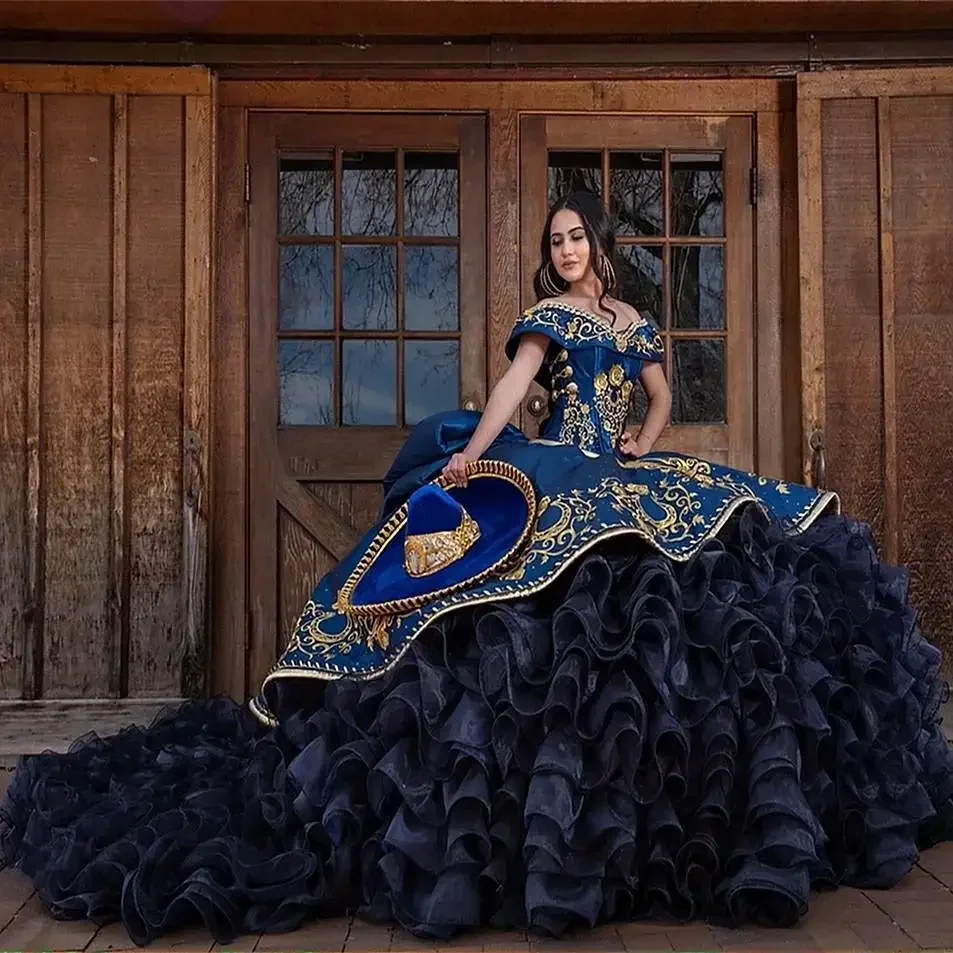 

Blue Tiered Charro Quinceanera Dresses With Gold Embroidery Off The Shoulder Organza Mexican Sweet 16 Dress 15 Anos Customized