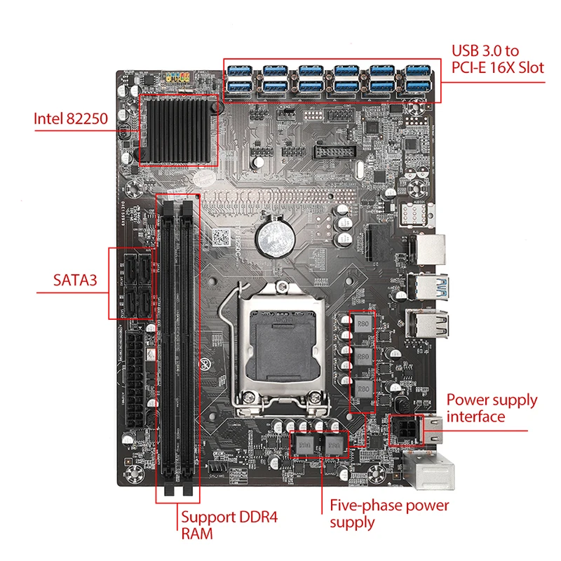 BTC B250 Penambang Motherboard Combo dengan CPU 8 GPU DDR4 USB3.0 PCIE X16 Set Combo Mendukung 12 Kartu Grafis Penambang RX 580 8GB