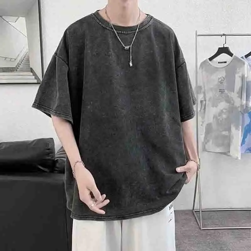 

Summer Vintage Black Short Sleeve Oneck Men T Shirts Hip Hop Punk Fashion Casual Harajuku High Street Oversized Korean Clothing