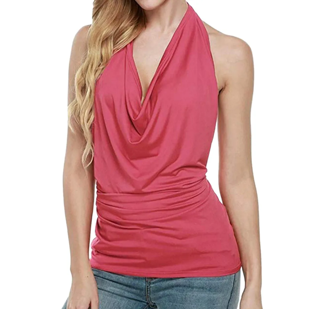 Elegant Halter Backless Tank Tops Women Solid Color Ruched V-Neck Slim Fit Vest Vintage Sleeveless Party Club Outwork Camisole