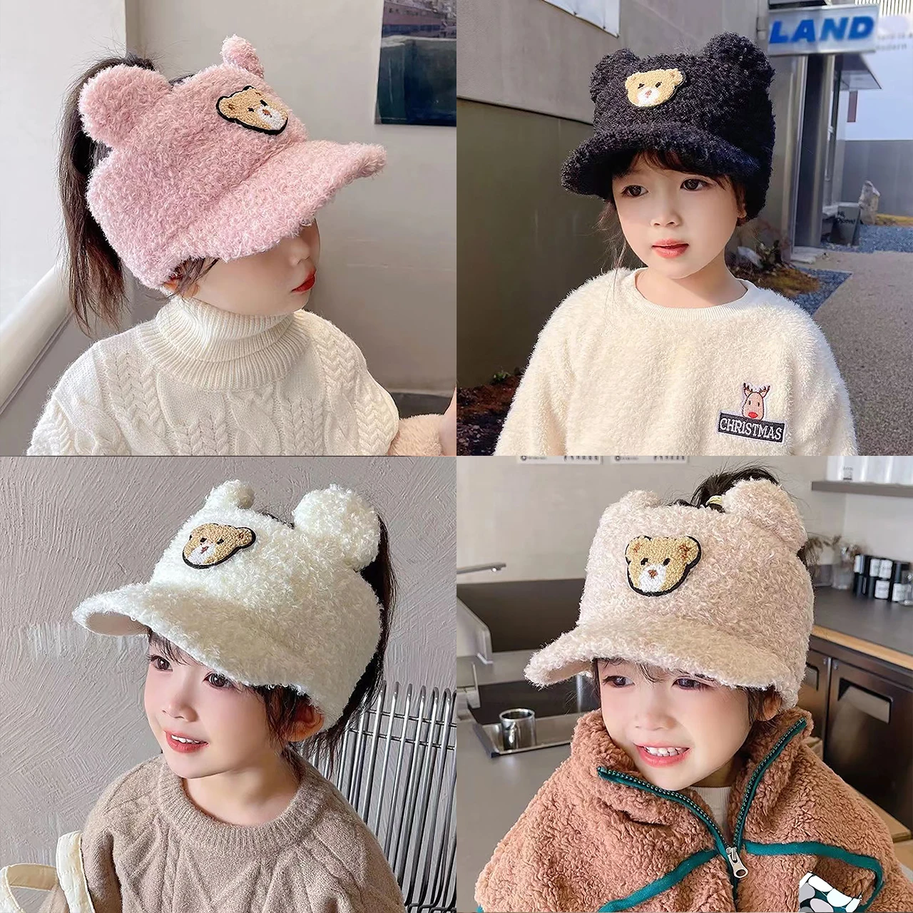 

Girl Empty Top Ear Protection Cap Lamb Wool Baseball Cap Winter Warm Kids Plush Duck Tongue Hat Outdoor Sunshade Visors 2-10Year