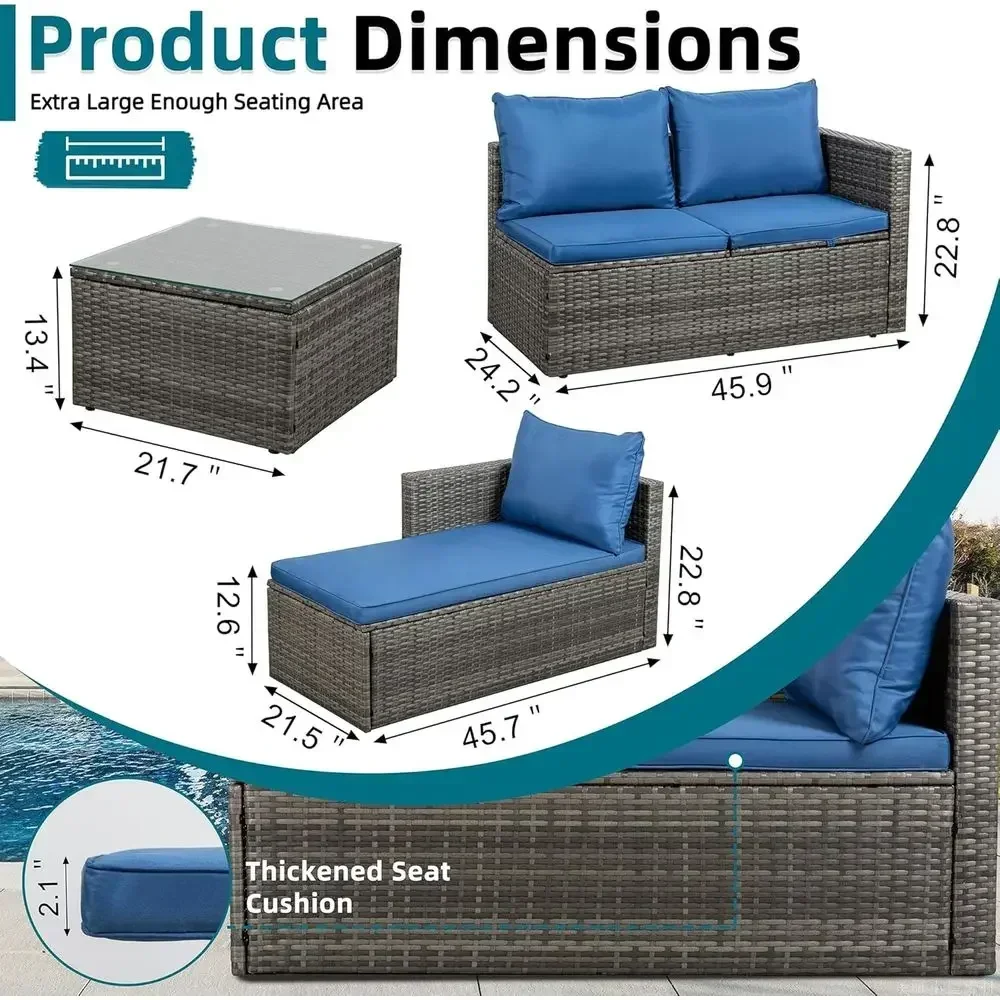 4-Piece Outdoor Wicker Sectional Sofa Set with Propane Fire Pit Table, Ideal for Backyard, Poolside, Garden, Blue Cushions