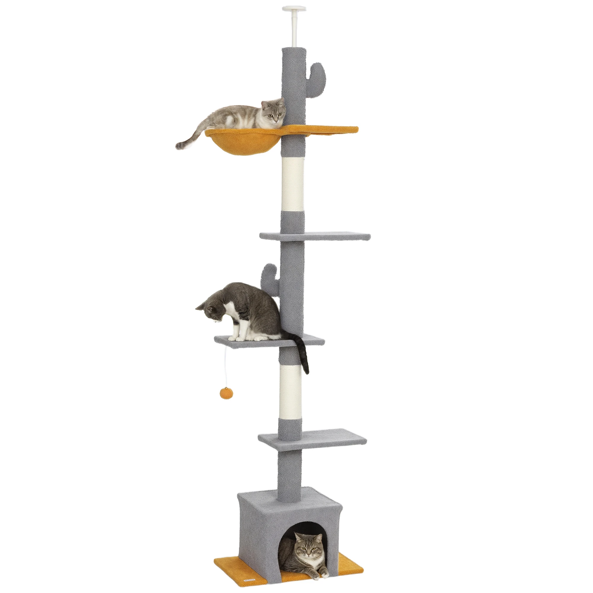 PawHut kattenboom van vloer tot plafond, cm hoog, kattenklimtoren, 6 niveaus, met plank. plate-forms, niche, hangmat, bal, krabben, voor krabben, grum en spelen, lichtgrijs