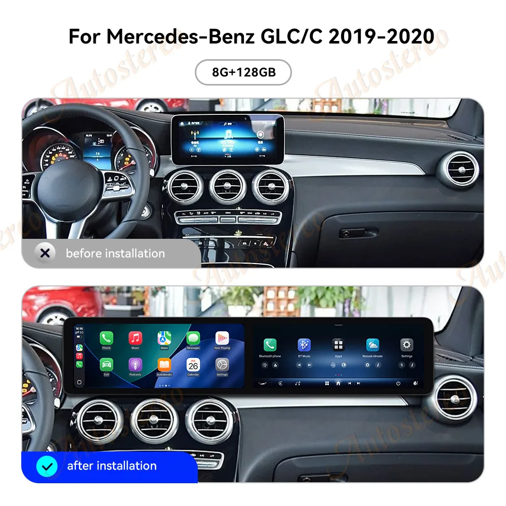 

25-дюймовый двойной экран Android 14 для Mercedes Benz GLC/C 2019-2020, автомобильный GPS-навигатор, мультимедийный плеер, автомобильный радиоприемник, тепловой блок