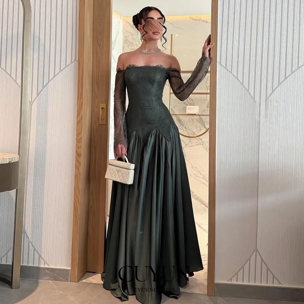 CUYUN فستان سهرة سعودي أخضر زيتوني دانتيل رقبة قارب وأكمام طويلة مرقع طويل للحفلات الراقصة فساتين مناسبة رسمية مخصصة
