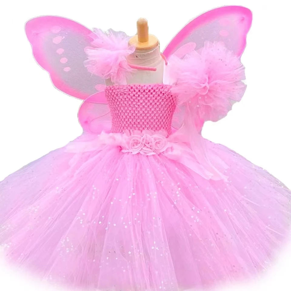 

Girls Pink Fairy Dress Kids Glitter Tutu Flower Dresses with Wing and Stick Hairbow Children Birthday Halloween Party Costumes