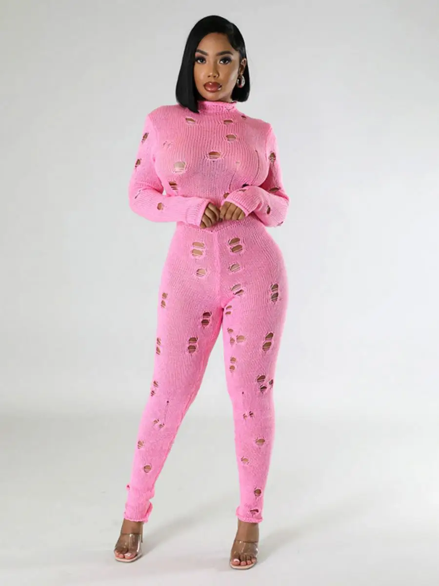 

K23JP456 Women's Autumn Pure Color Casual Long Sve Knitted Belted Hole Slim Long Onesie High Waist Tight Fit Trousers