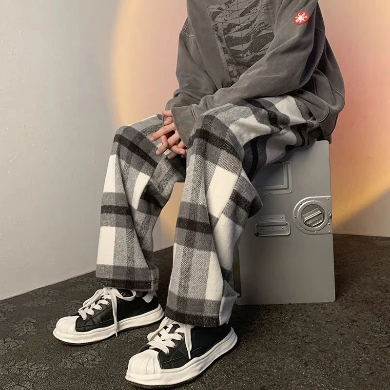 

Thick Woolen Plaid Pants Casual Wide Leg Oversize Pants Men Baggy Sweatpants Male Straight Trousers Autumn Winter Streetwear