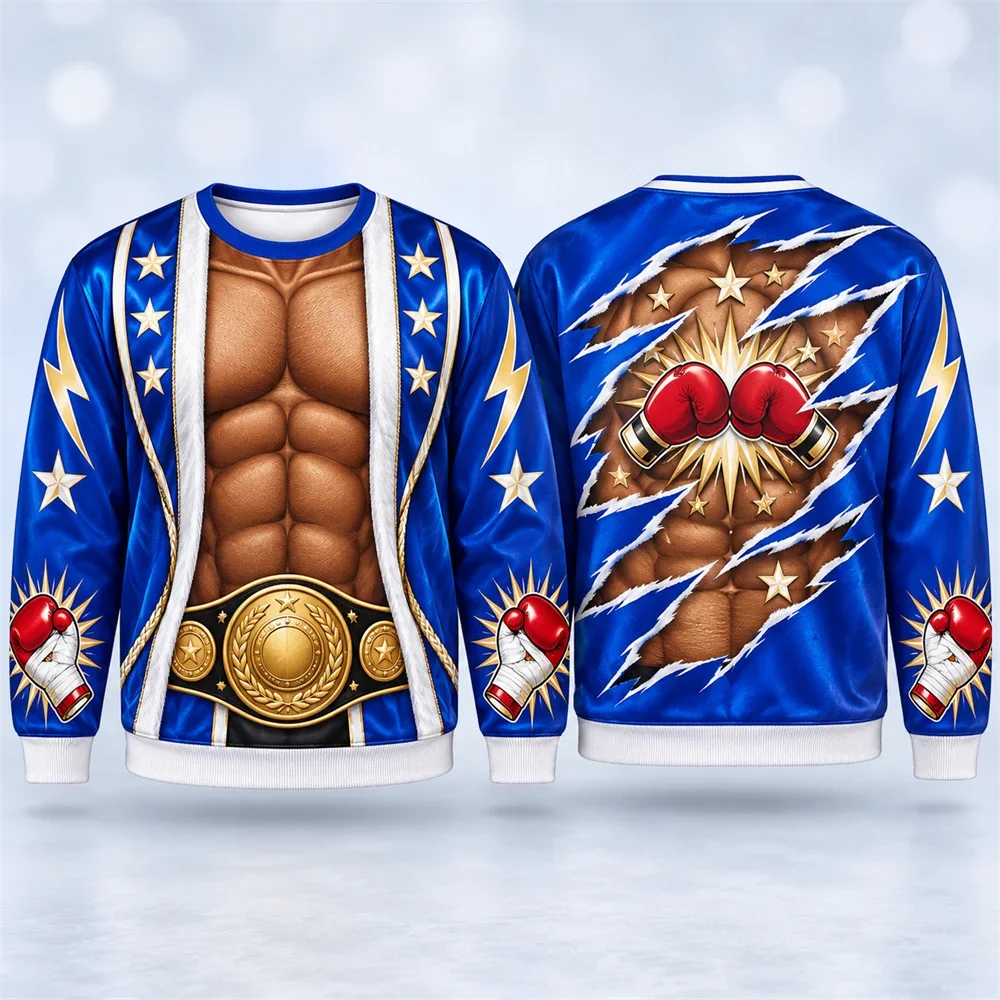 Funny Christmas Sweater Long Sleeve Fake Muscles 3D Printed Ugly Christmas T-Shirt Gift for Holiday Parties Men and Women Y2k