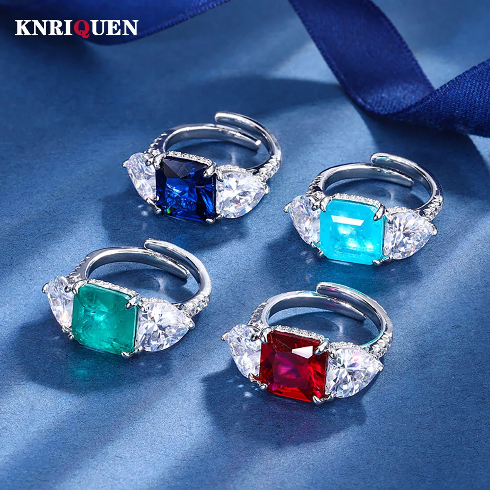 

New Charms 10*10MM Ruby Emerald Sapphire Rings Retro Gemstone Lab Diamond Wedding Ring Cocktail Party Fine Jewelry Female Gift