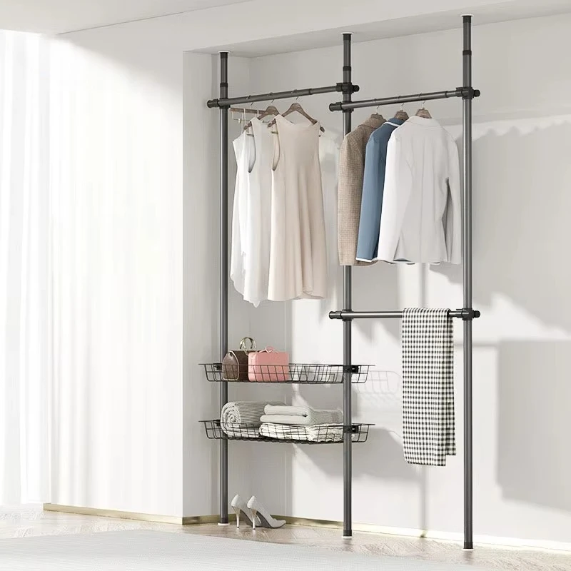 

Slim Hanger Rack Tensioned Steel Rack Wall Shelf 3 Tiers Hanger Bar Telescopic Width Living Storage Display Rack