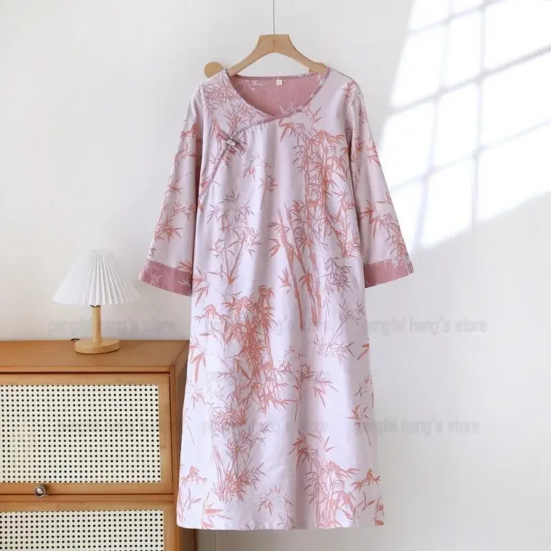 

Ночная рубашка с хлопковым принтом, женская длинная одежда для сна, новая ночная рубашка в китайском стиле, свободная домашняя одежда, повседневная верхняя одежда, летнее нижнее белье