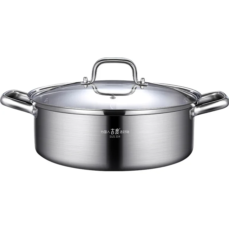 Ultra Thick Pure 304 Stainless Steel Kitchen Stewpot with Tempered Glass Cover Rivet Fixation Handle Saucepot for Family Hotpot