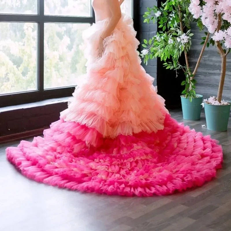 

Gradient Pink A-line Bridal Tulle Skirts Women Zipper Puffy Tulle Skirt Long Custom Made Maxi Lush Skirts Ruffle