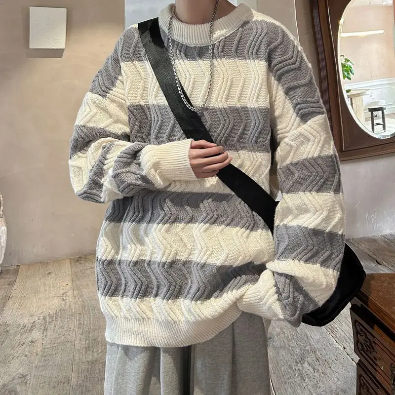 Autumn and Winter Trendy Korean Striped Round Neck Sweater for Couples Loose and Lazy Style Casual Knitted Harajuku Top y2k