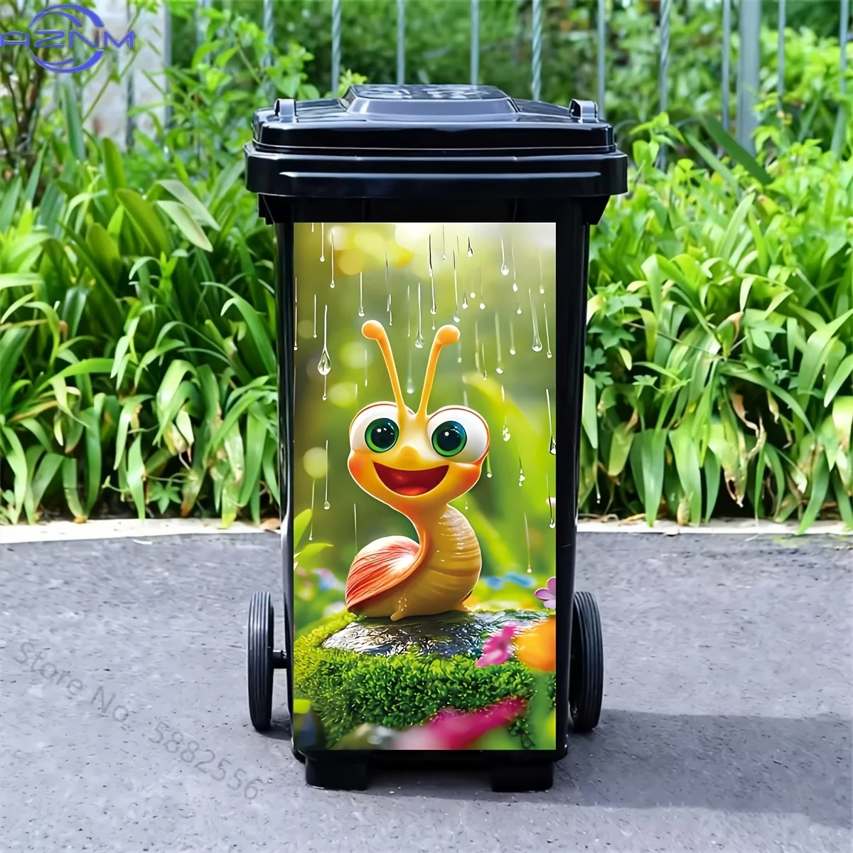 1pc 2D Flat Printed Self-Adhesive Trash Can Sticker, Decal, Size  es X  es / cm X cm, Smiling Snail in Rainy Day Pattern Self-