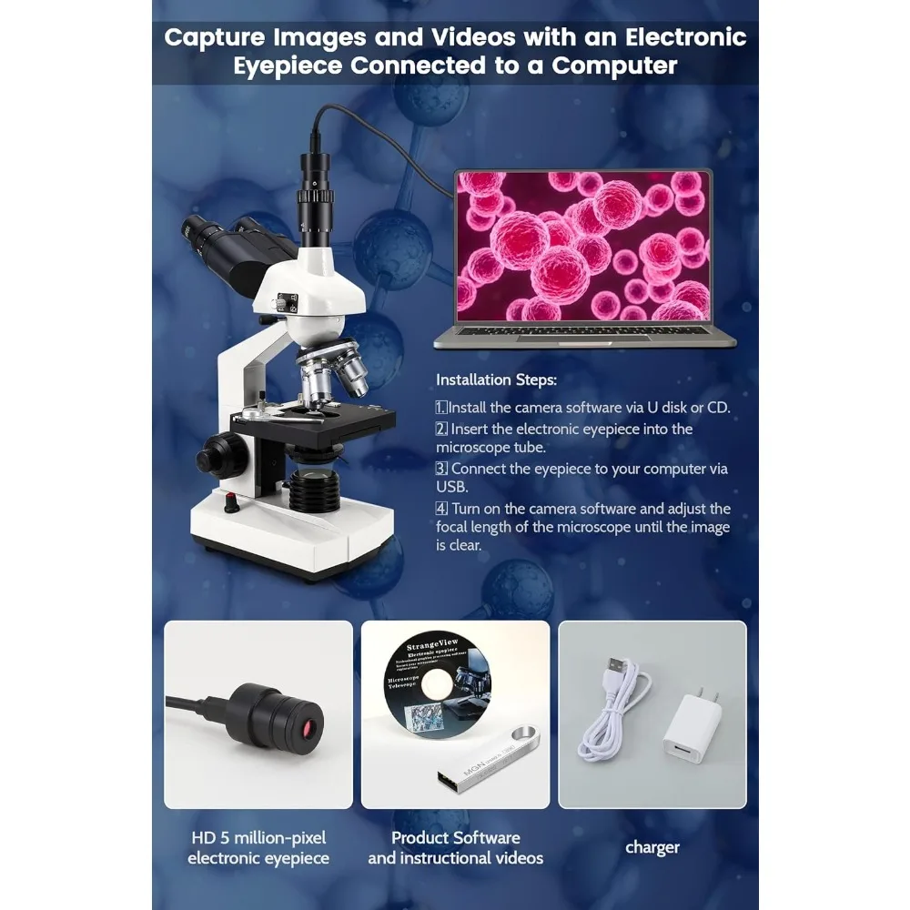 40X-5000X Compound trinocular Microscopes trinocular fo Adults, with 5.0 mp Camera with Microscope Slides 30p, Microscope