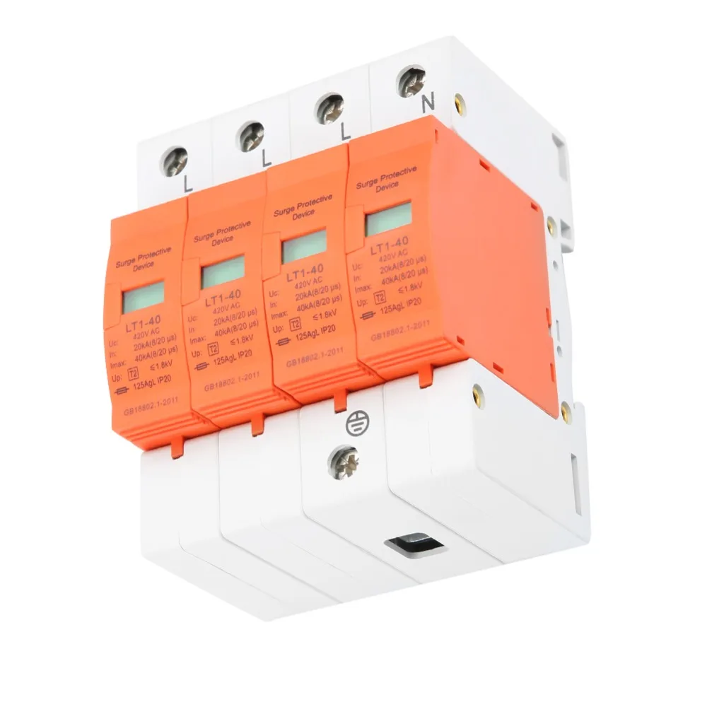 Overvoltage Protection 4P House Protector 420V AC 40kA Protective Device Low Voltage Arrester Low Voltage Systems