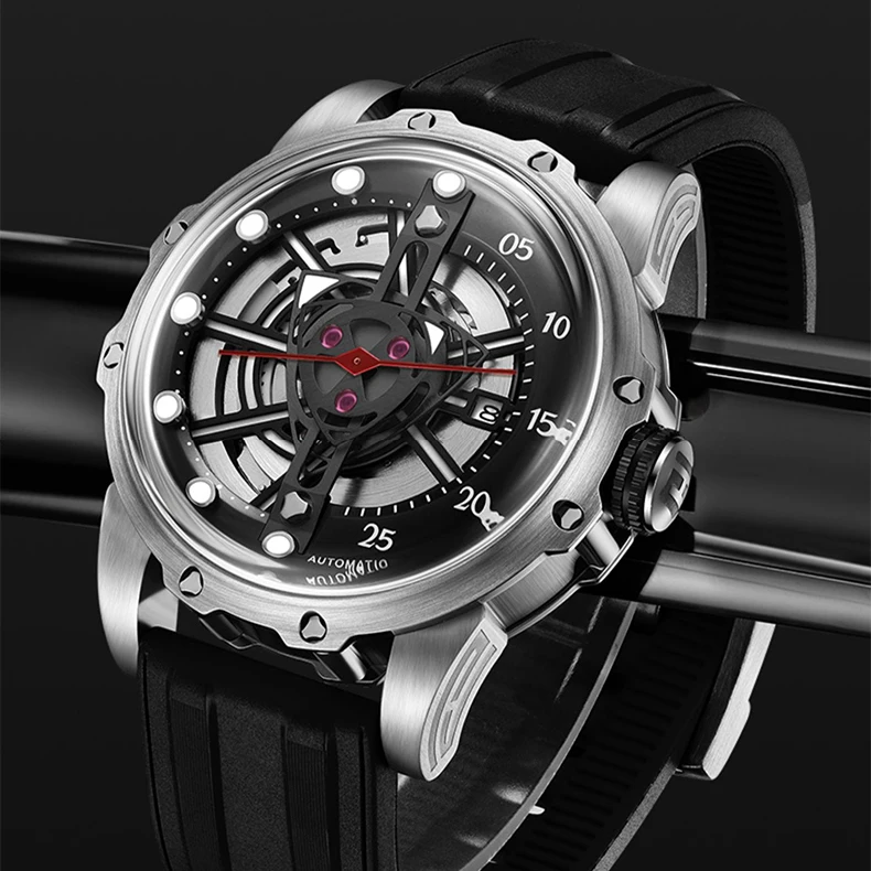 HANBORO Mens Orologi di lusso 44mm Orologio automatico Sport Orologio da polso meccanico 10Bar Impermeabile luminoso Miyoto 8215 Cinturino in caucciù