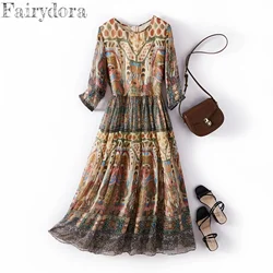 Mulberry Silk Dress for Women, Boho Dress, Abstractionism Printing, O Neck, Half Sleeve, Elastic Waist, Midi Dresses 28019