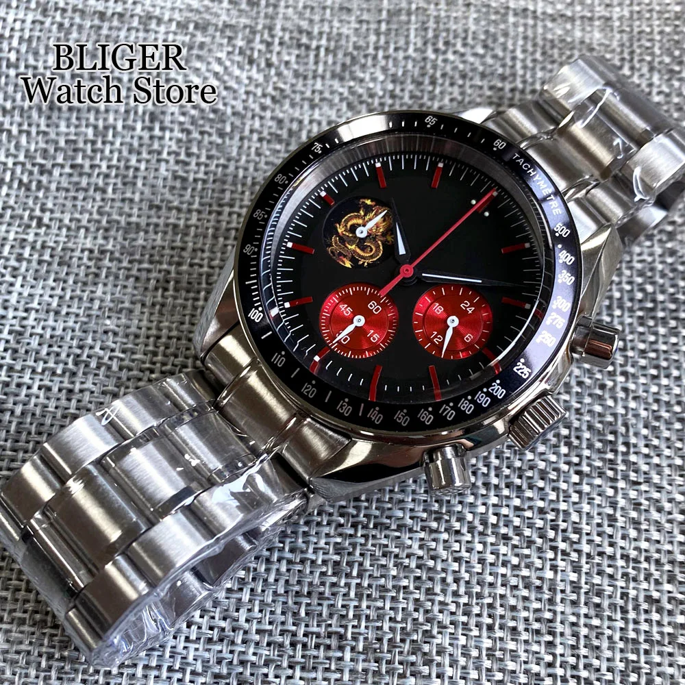 Luxury Quartz 40mm Chronograph Multifunction Watch Men VK63 Movement Black Red Green Dial Stainless Steel Strap Montre homme