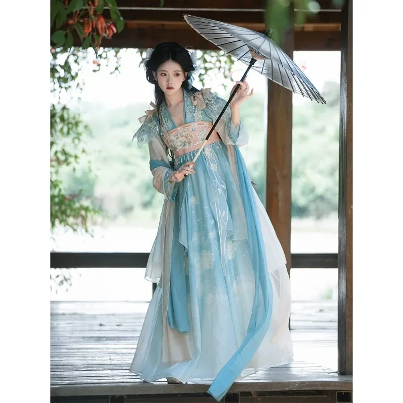 Chinese Traditional Floral Embroidery Pearl Tassel Decoration Princess Hanfu Dresses Female Original Pink Blue Prom Party Dress