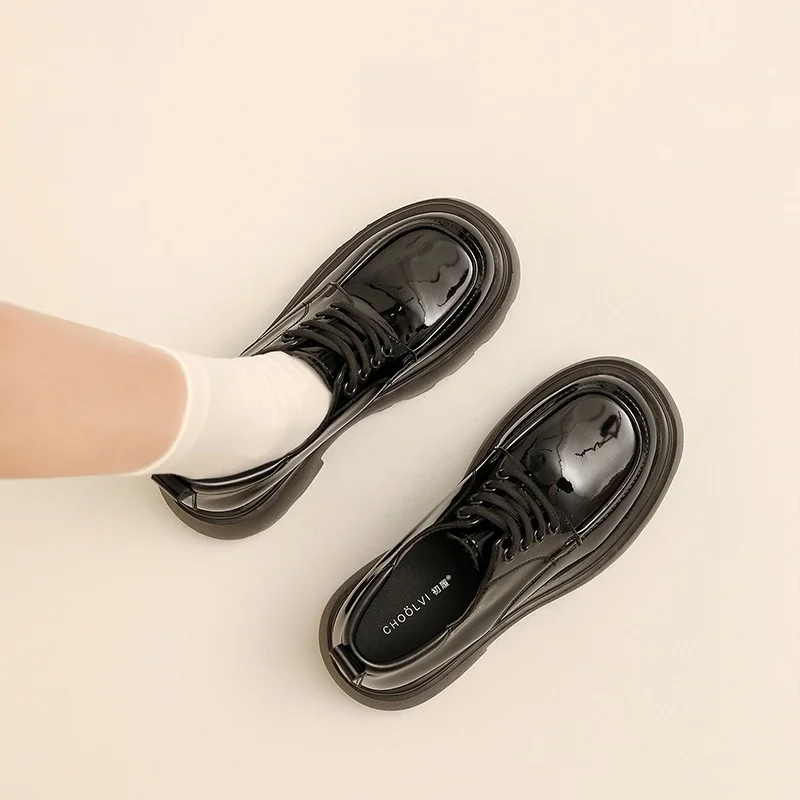 Comfortable Cotton Linen Thick Bottom Leather Shoes for Women Genuine Leather Black British Style Lace up Heightening Loafers
