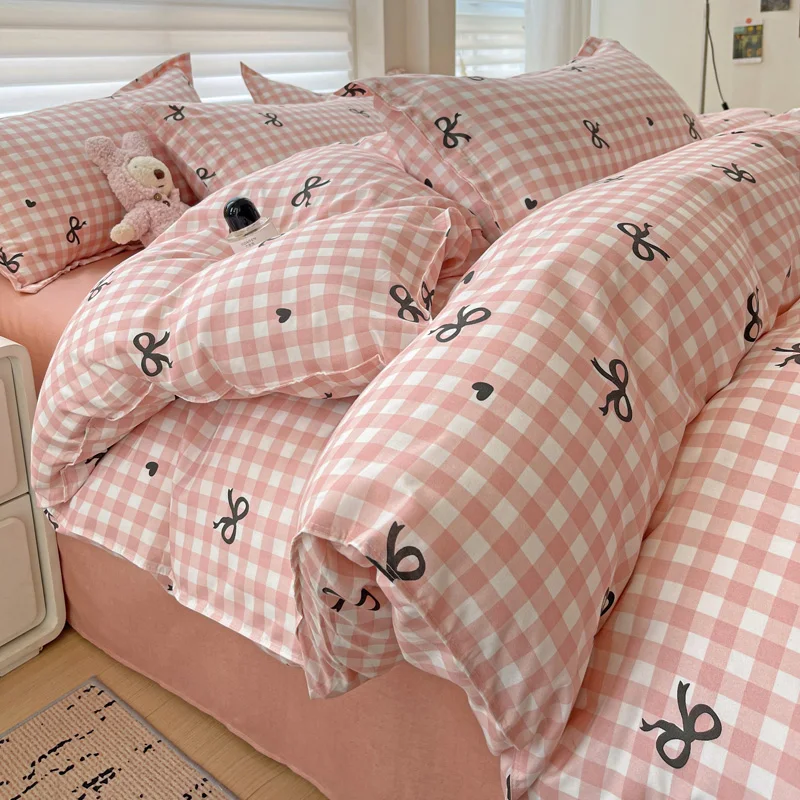 Princess Bowknot Bedding Set NO Filler Pink Grid Lattice Duvet Cover Bed Flat Sheet Pillowcases Girls Bedclothes INS Bed Linens