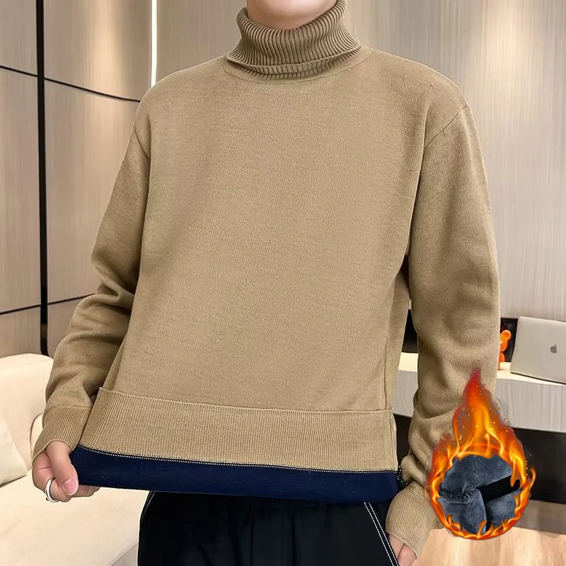 Winter New Men\'s Stacked High Collar Colorful Sweaters Daily Versatile Pullovers Plush Thicken Basic Long Sleeve Clothes Male