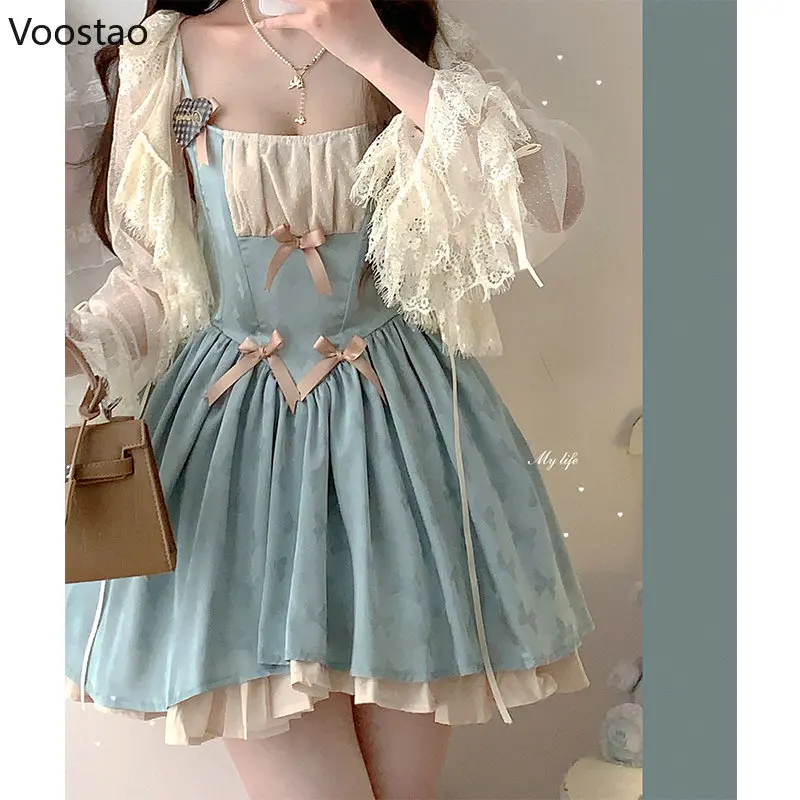 Japanese Kawaii Lolita Mini Dress Summer Women Sweet Satin Bow Sling Dress Gothic Girls Cute Y2k Sleeveless Straps Dress 2023